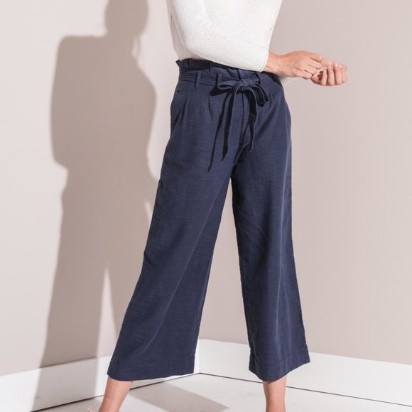 NWT RAG POETS LINEN BLEND DARK BLUE CROPPED PAPERBAG PANTS WIDE LEG EASY BREEZY - Picture 1 of 12